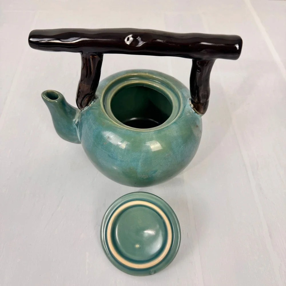 Ceramic Teapot Teal Branch Handle Mid Century Modern Rustic Decor